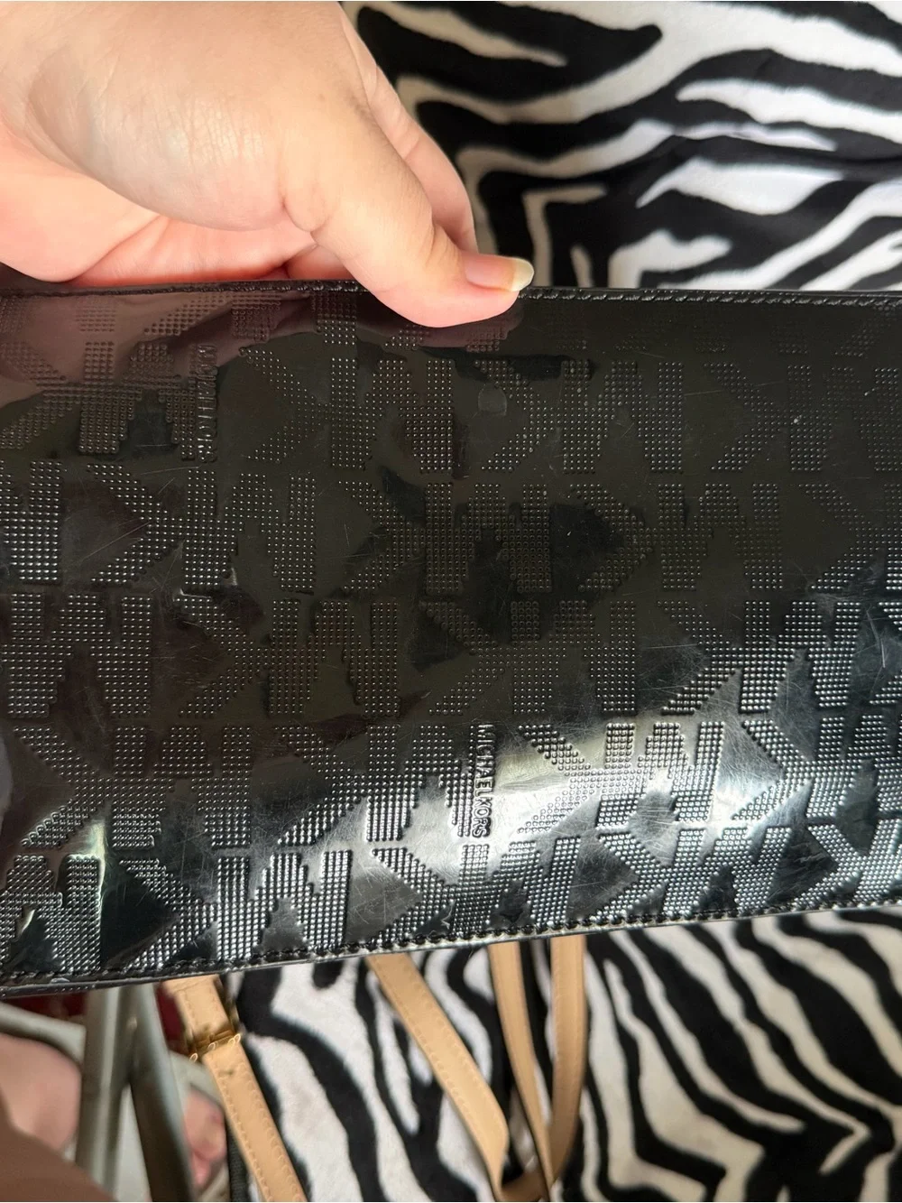 Michael Kors Black Patent Tote with Tan Straps and Gold Hardware